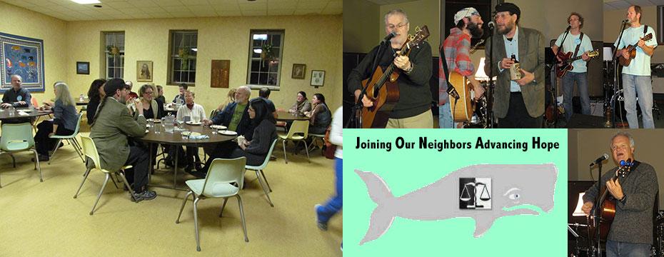 Friends gathered for a potluck dinner followed by musicians performing at the microphone.